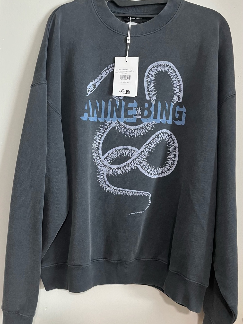 Anine Bing Charcoal Sweatshirt with Light Blue Snake Graphic